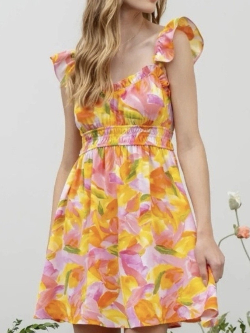 Floral Watercolor Ruffle Strap Sundress